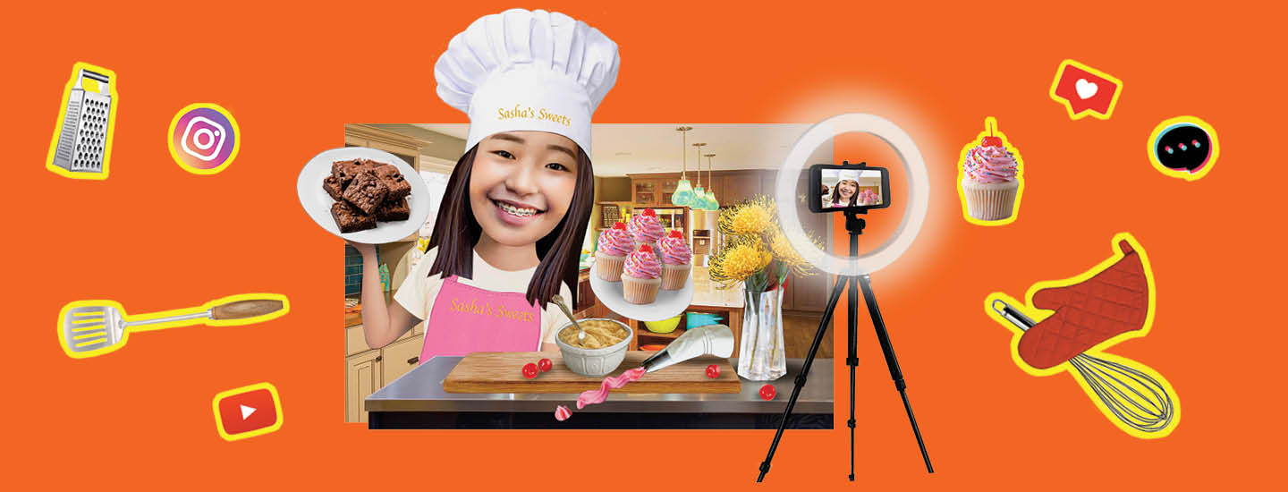 Image of a teen filming themselves making a variety of baked goods