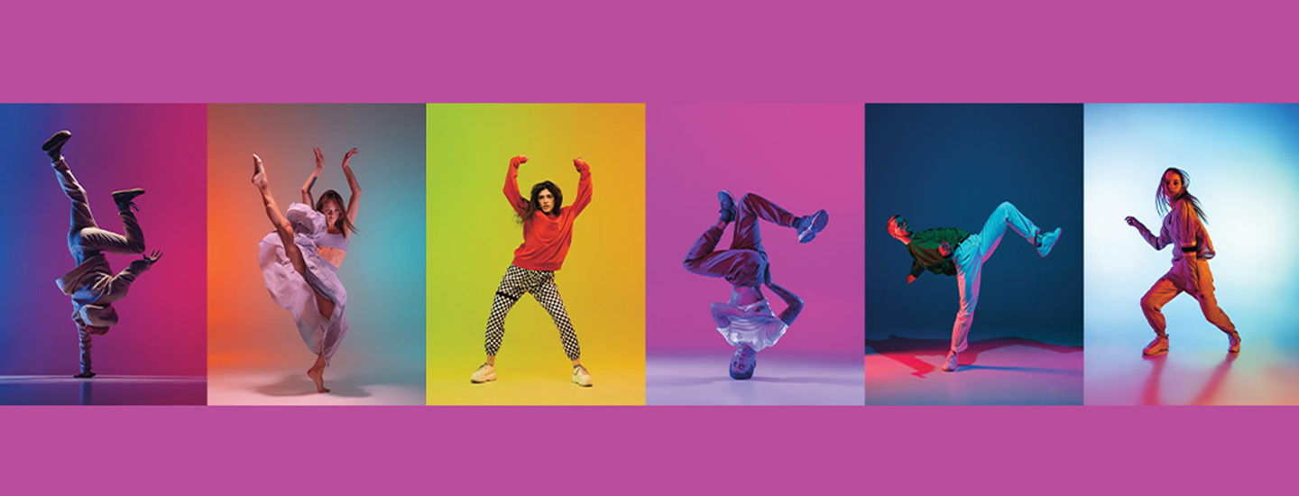 Colorful images of six breakdancers performing different moves