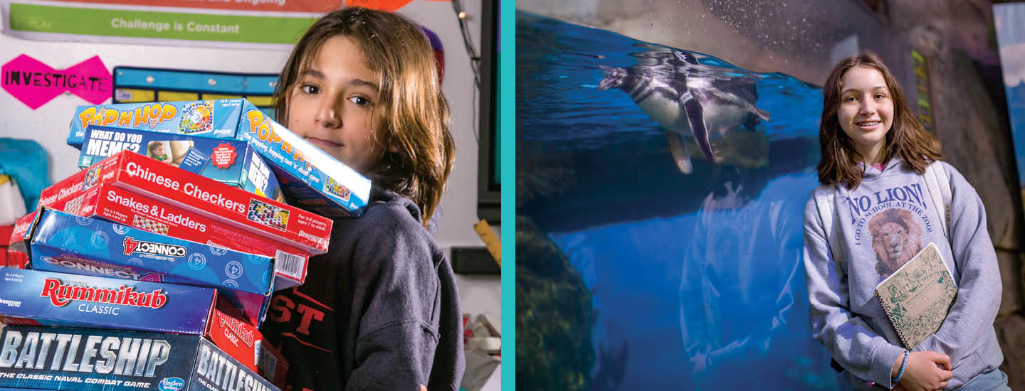 Image of student carrying a tower of board games and image of student next to penguin