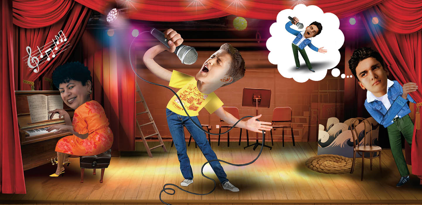 Illustration of student singing on stage and another student wanting to take their place