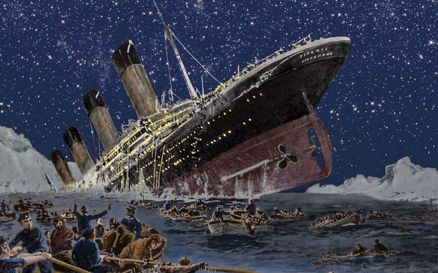 The Titanic sinking while people in life boats stand by